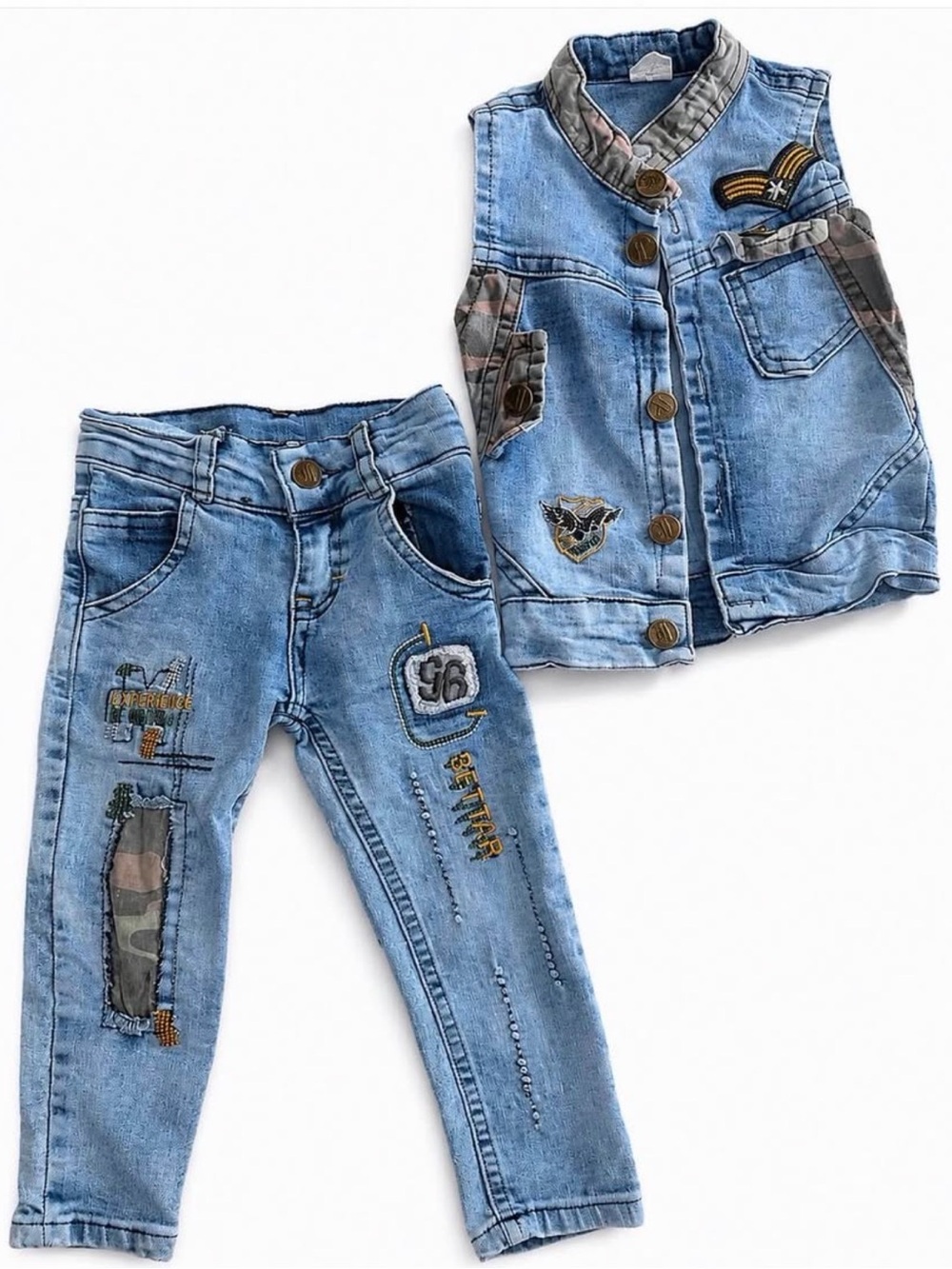 Light Blue Turkish Denim Kids Vest & Jeans Set - Casual Patch Detail